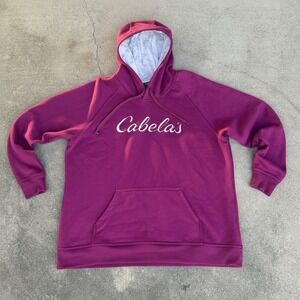 Cabelas Mens 2XL Purple Script Logo Hoodie Raglan Pullover Fleece Sweatshirt